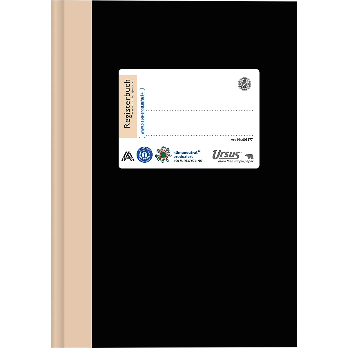 Registre noir avec étiquette nominative blanche, autocollants et dos de livre encadré de beige.