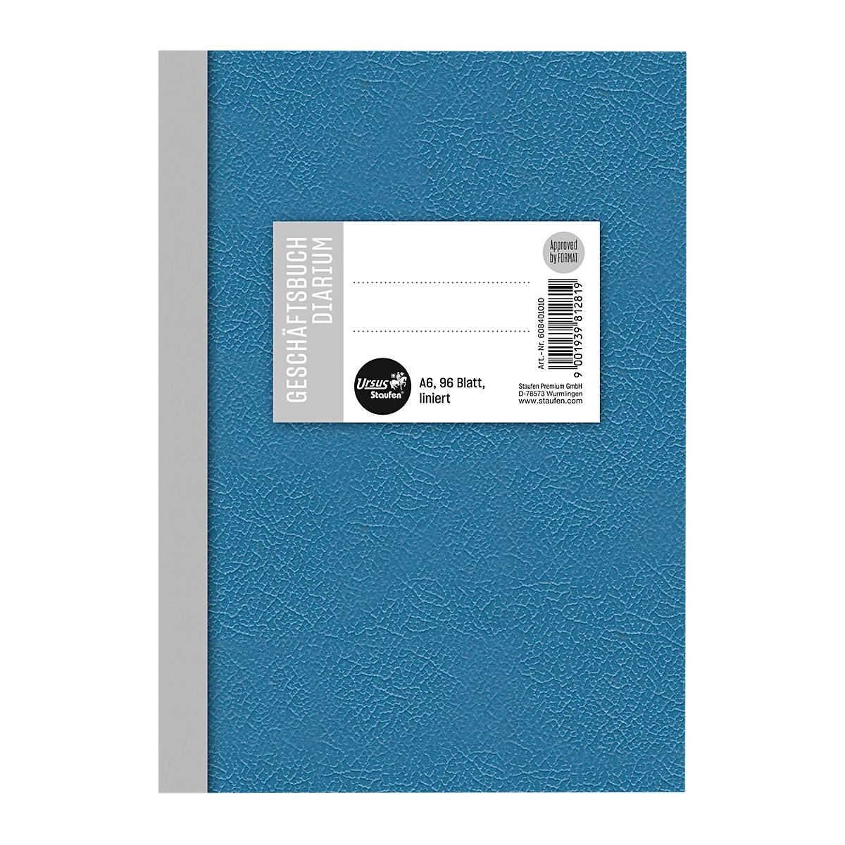 Carnet bleu avec une étiquette blanche, inscription GESCHÄFTSBUCH DIARIUM. Logo noir, 96 feuilles. Bord gris.