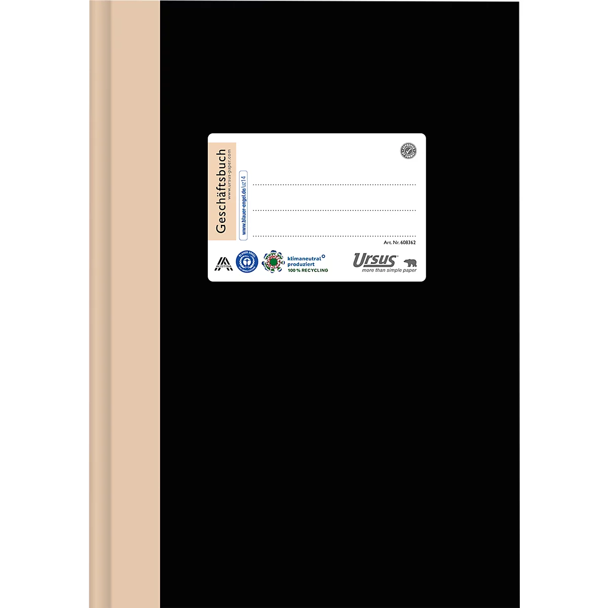 Cahier noir avec dos marron et étiquette blanche avec inscription 'Geschäftsbuch'.