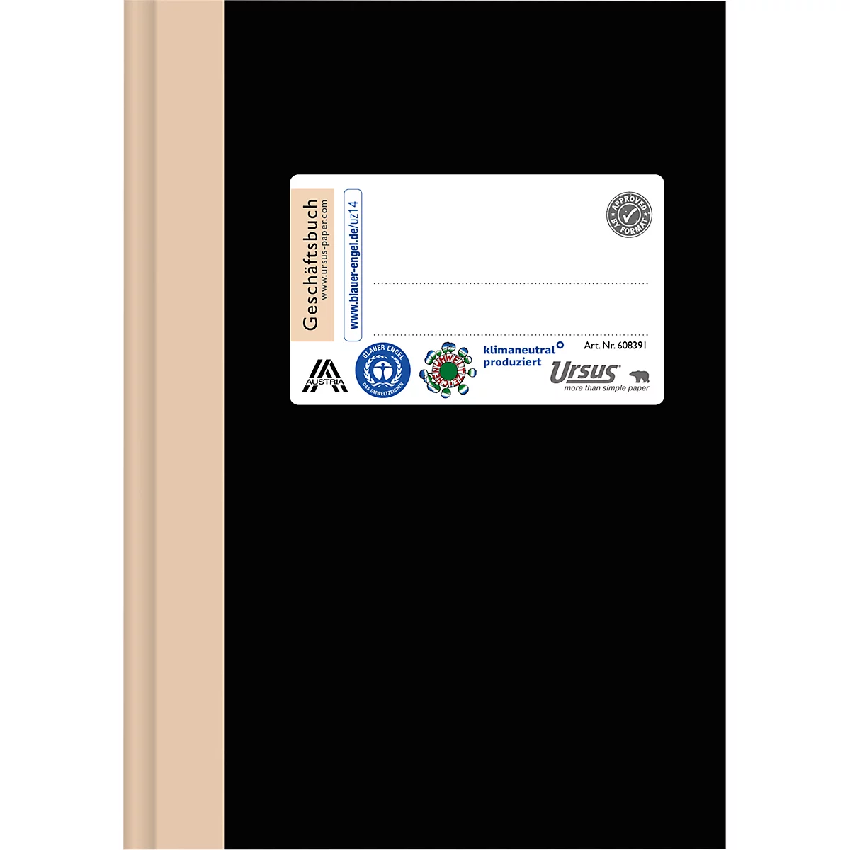 Cahier noir avec autocollants, "Geschäftsbuch" et logos. Un sceau en haut à droite, produit de manière neutre pour le climat.