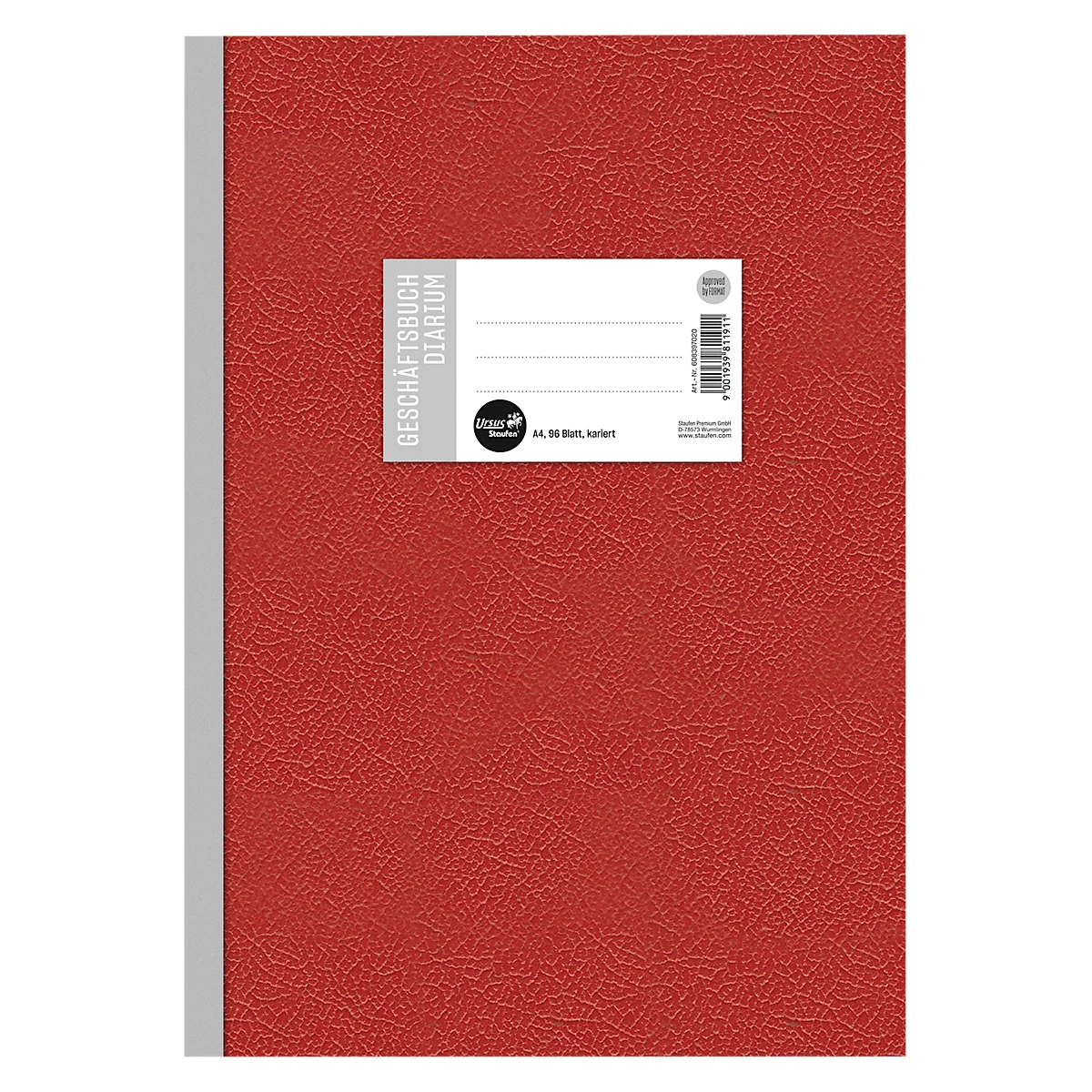 Cahier rouge avec étiquette blanche, inscription Geschäftsbuch, Diarium. Dos gris.