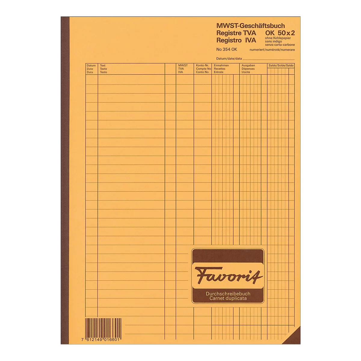 Livre de comptes avec TVA Favorit, 50 x 2 feuilles, D/I/F
