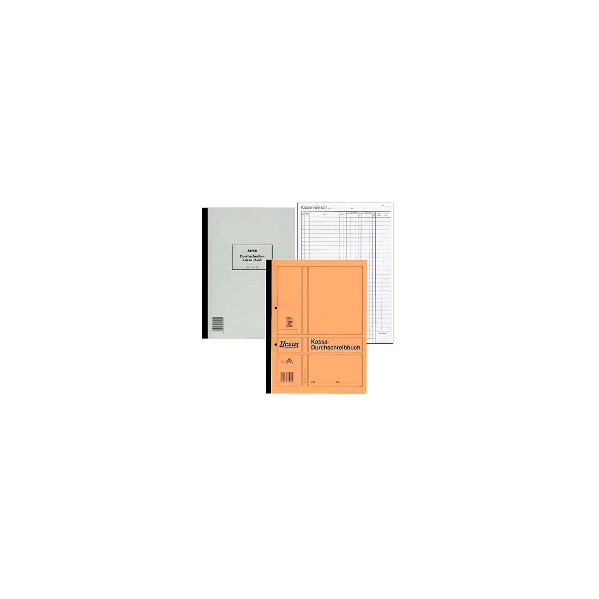 Trois livres de caisse. Livre blanc avec bordure noire et autocollant. Livre orange avec bordure noire. Rapport de caisse vierge.