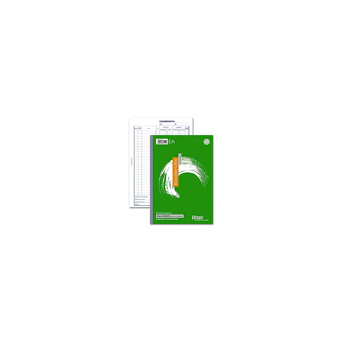 Cahier de caisse vert avec motif coup de pinceau blanc. Au-dessus se trouve une feuille lignée.