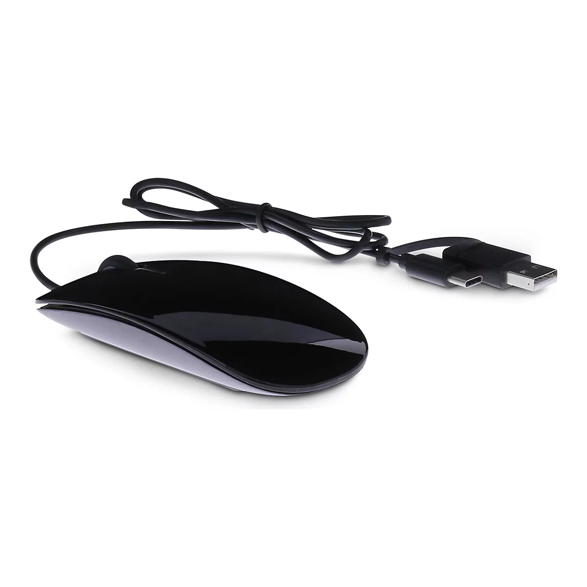 Schwarze Computermaus mit USB- und USB-C-Anschlüssen, auf weißem Hintergrund.