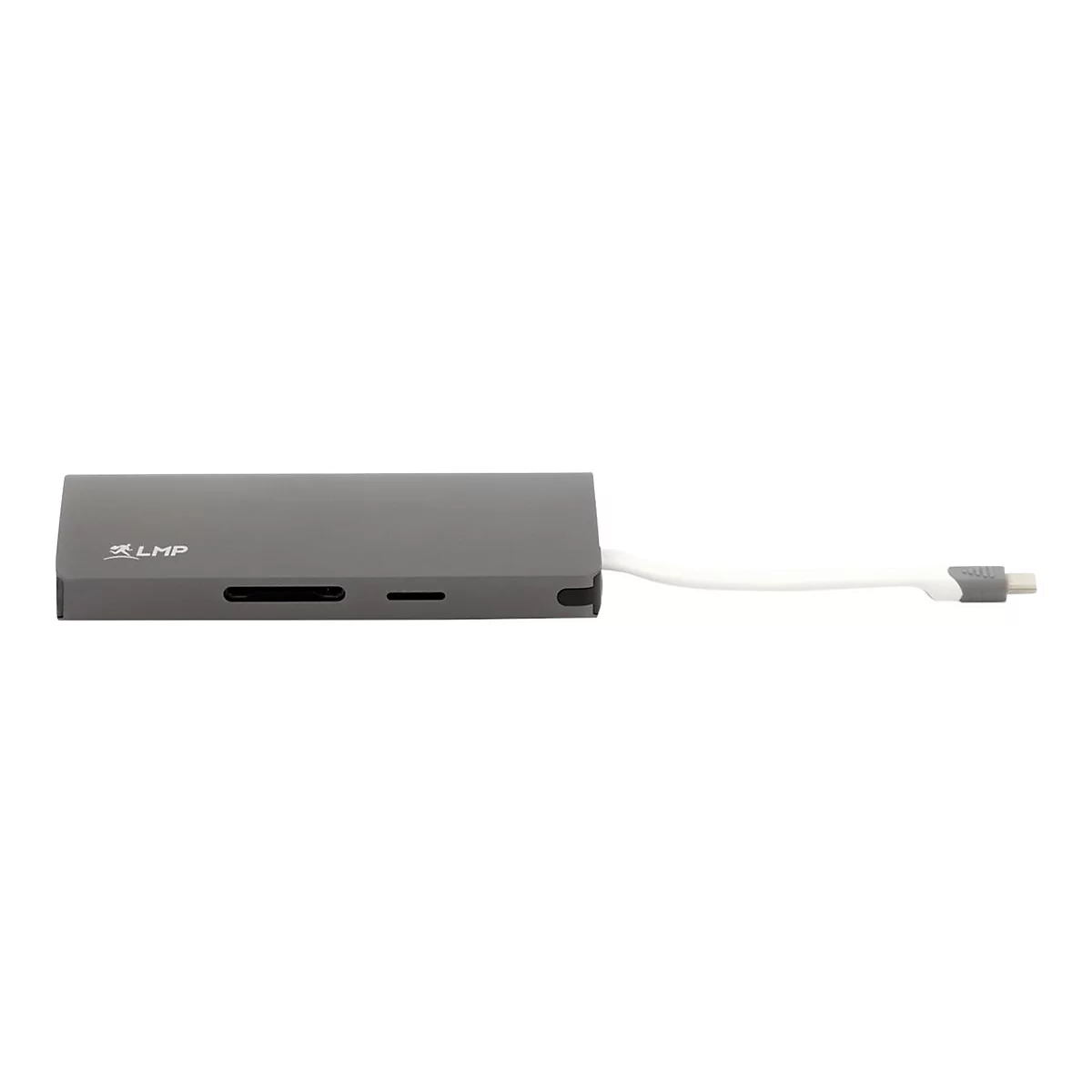 Grauer USB-C-Hub, mit SD-Kartenleser, weiÃŸem Kabel und Stecker.