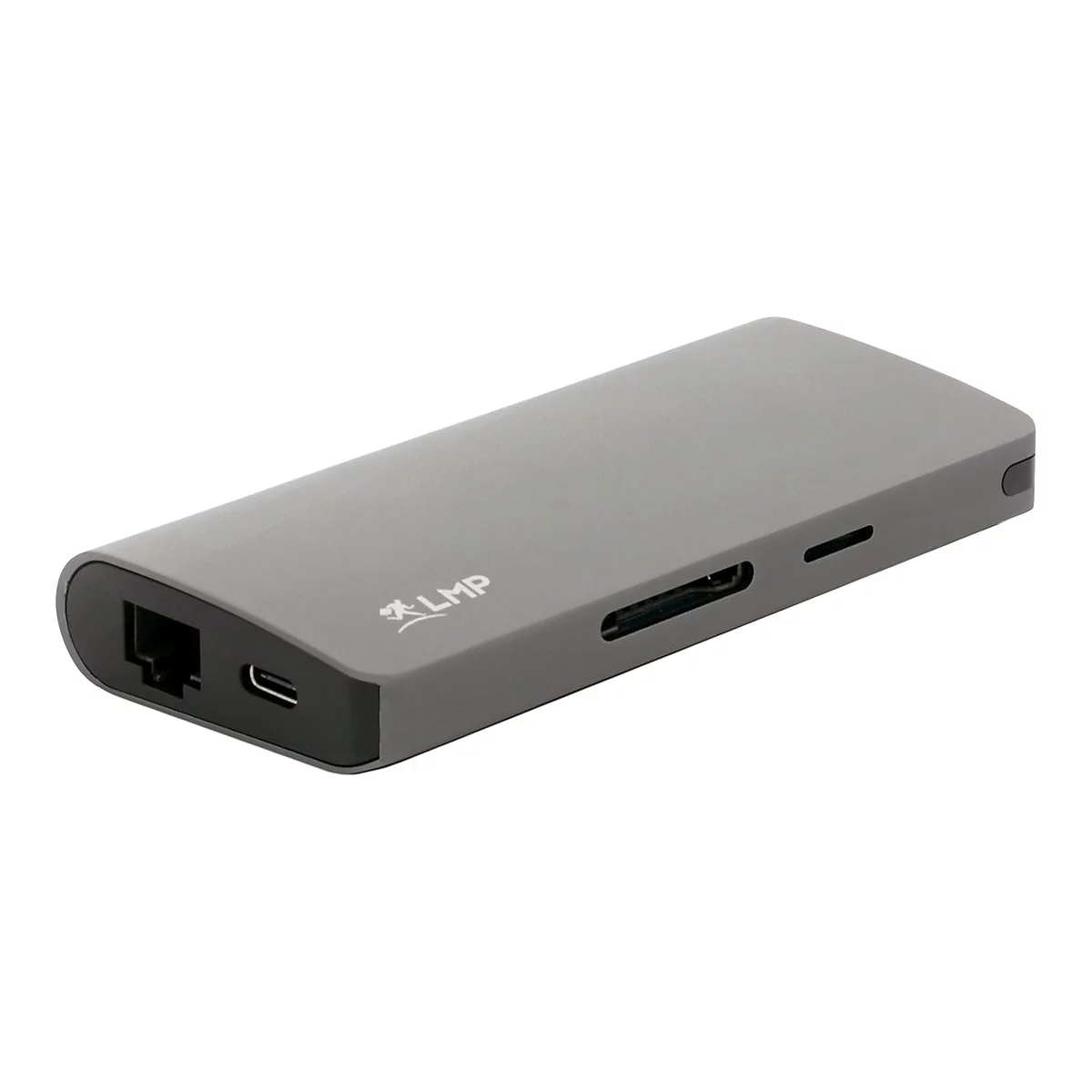 Grauer USB-C-Adapter, schrÃ¤g von vorne. Ports: Ethernet, USB-C, SD-Kartenleser. Logo LMP.