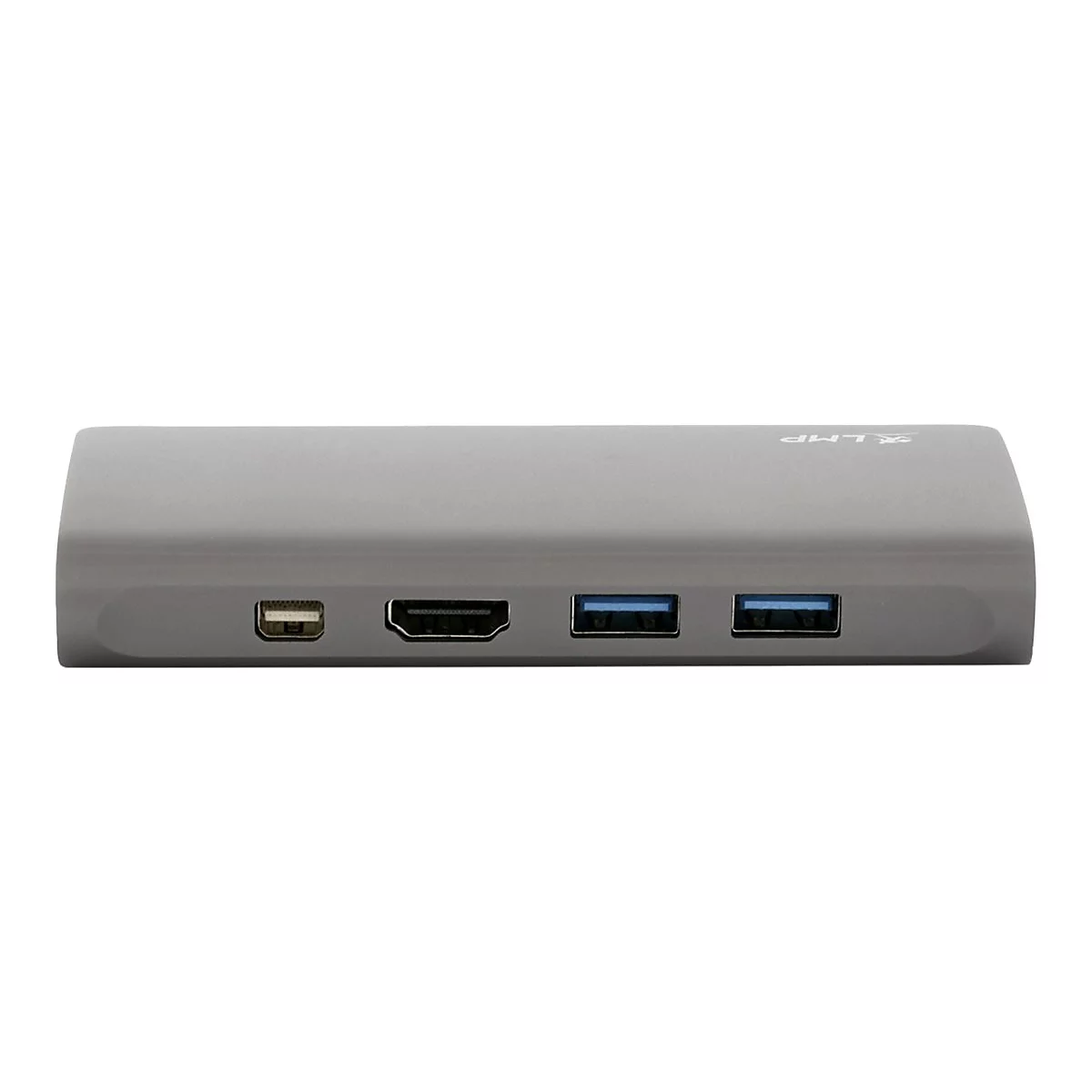 Grauer USB-Hub mit mehreren AnschlÃ¼ssen: USB, HDMI und Mini-USB. Der Hintergrund ist weiÃŸ.