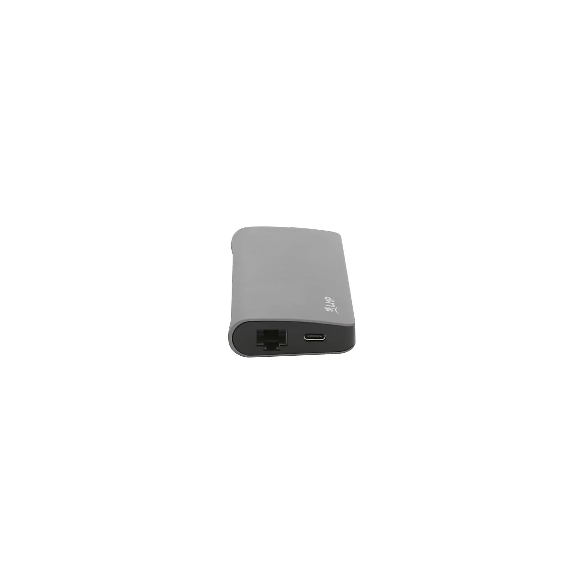 Grauer, abgerundeter Adapter mit Ethernet- und USB-C-AnschlÃ¼ssen; LMP-Logo.