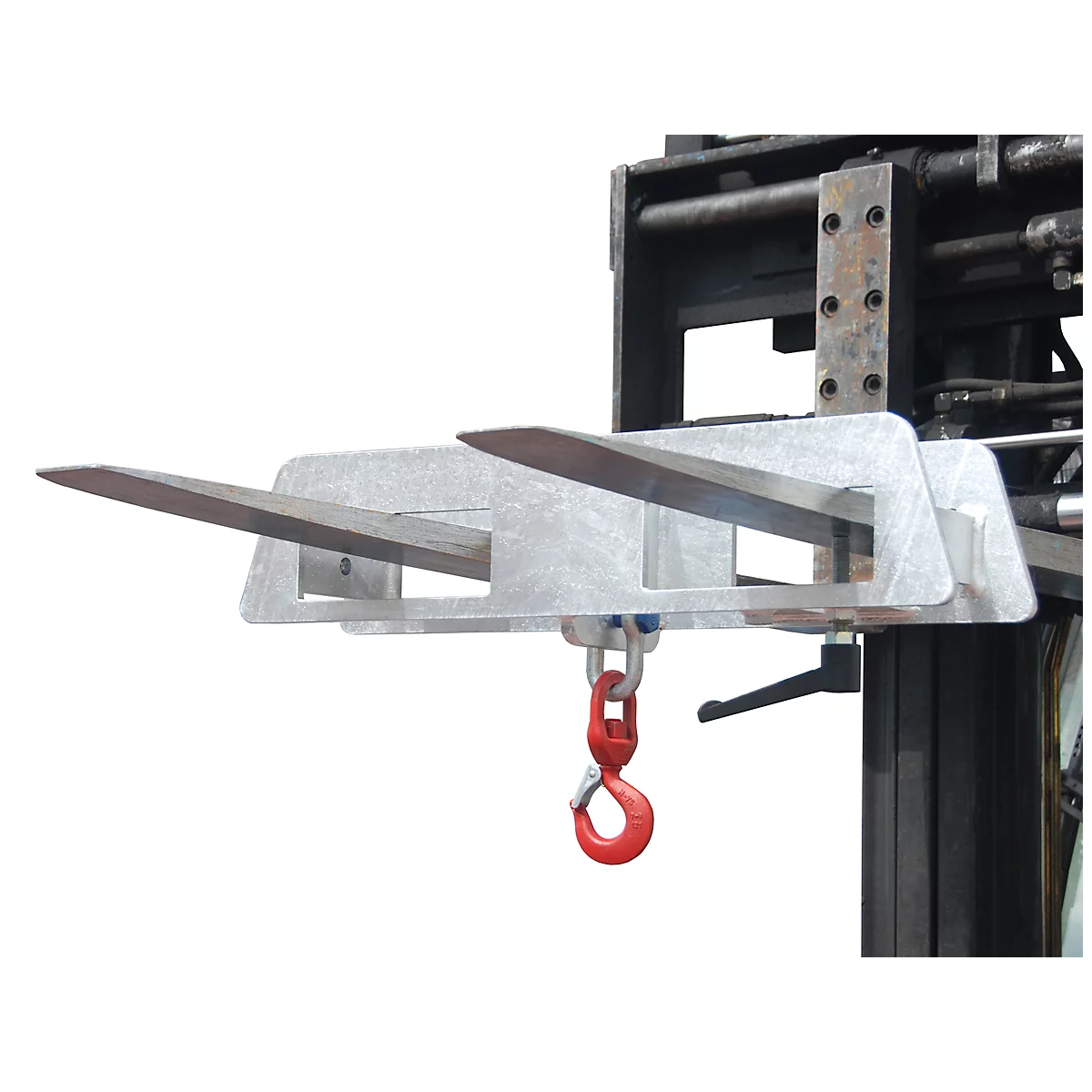 Forklift attachment with two prongs, with a red hook below.