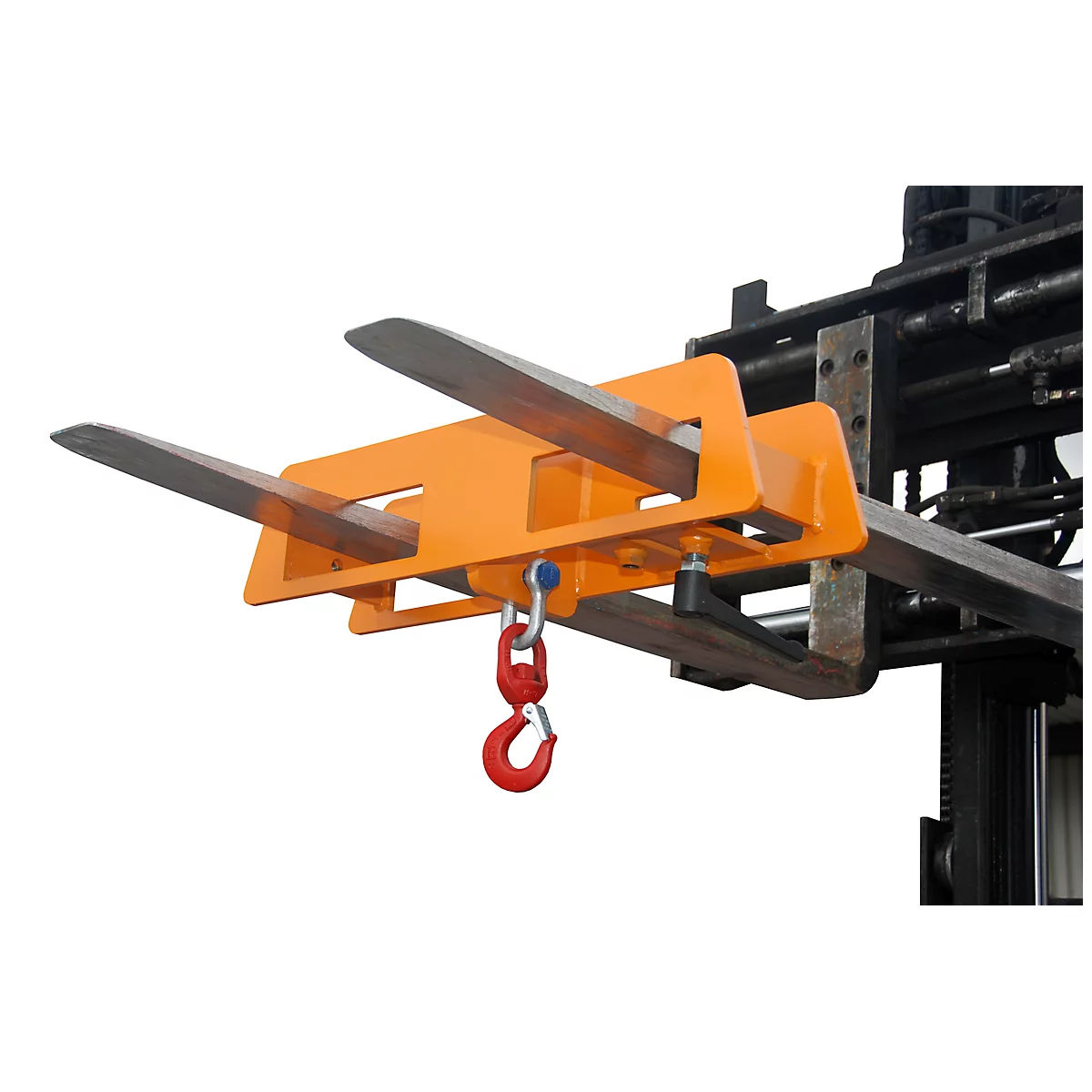 Forklift attachment: Two forks in orange holder. A red hook on the lower part.