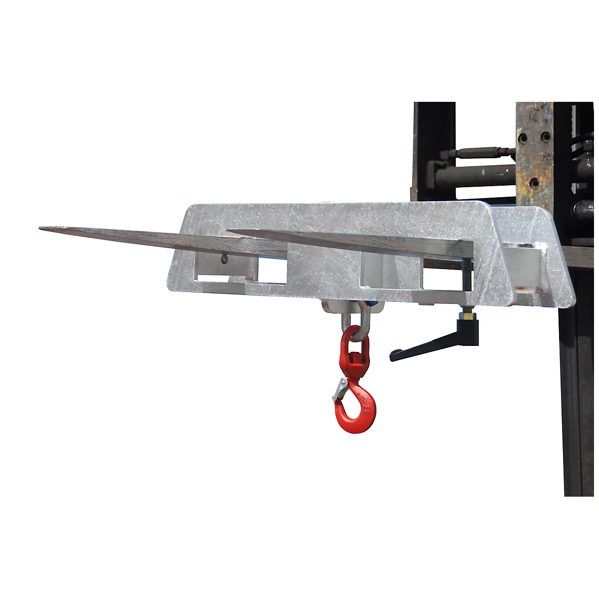 Forklift attachment with hook and two forks, metal construction.