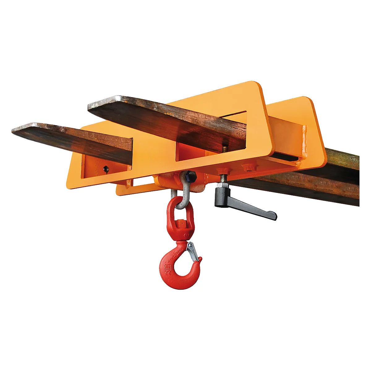 Orange fork extension with red hook, steel parts.