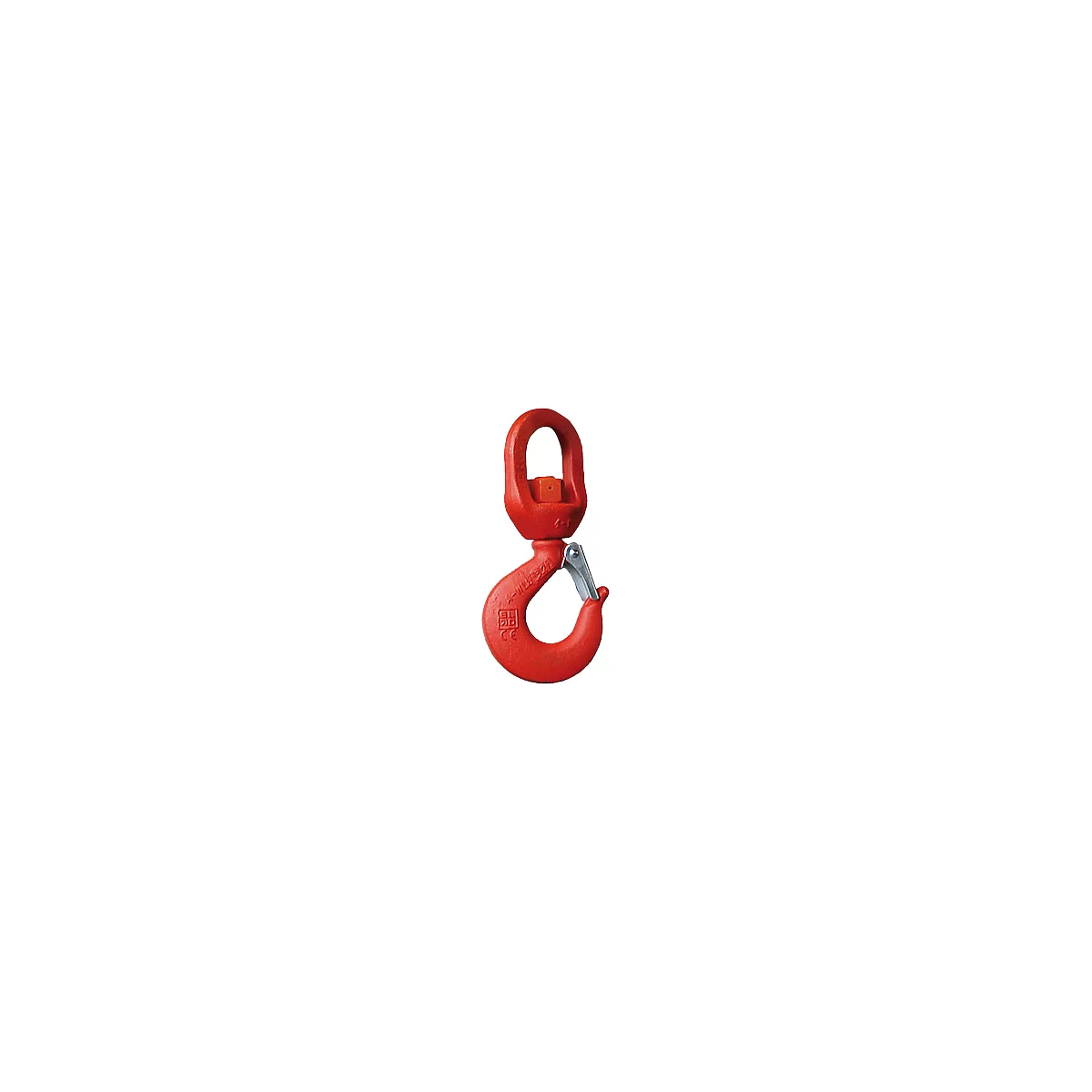 Red hook with swivel, silver closure and CE marking.