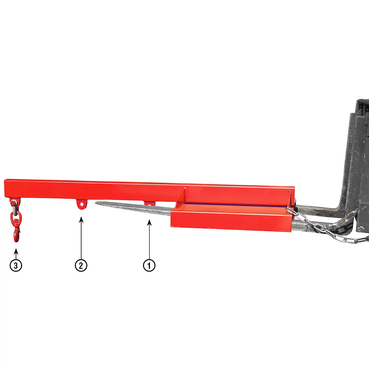 Red forklift adapter with chain and hook.