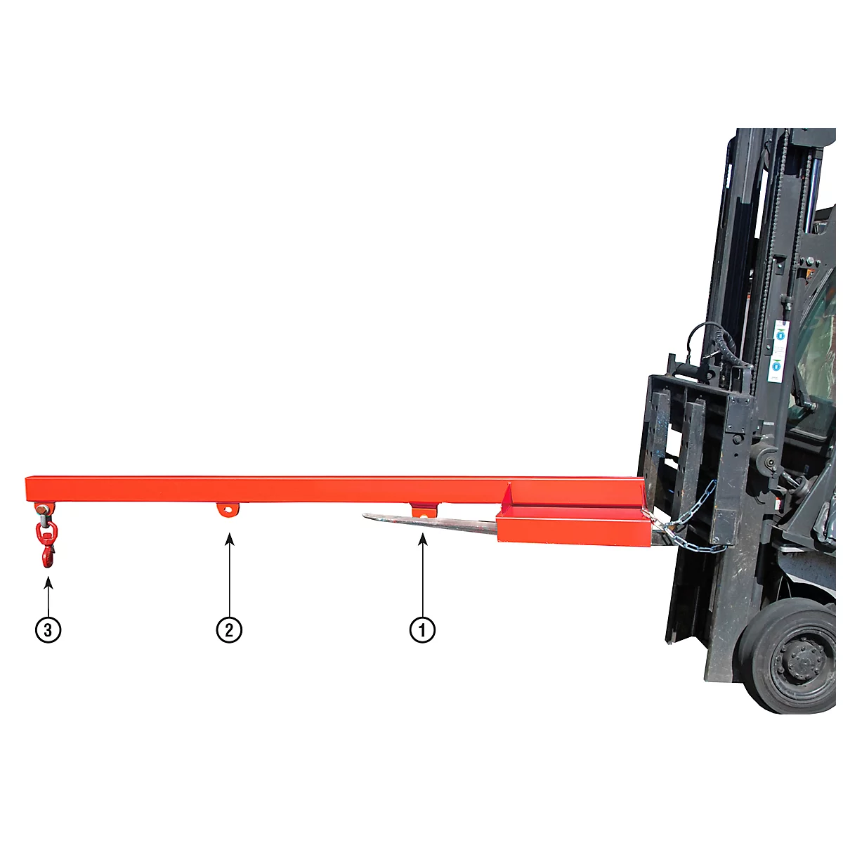 Orange forklift jib with hook, mounted on forklift.