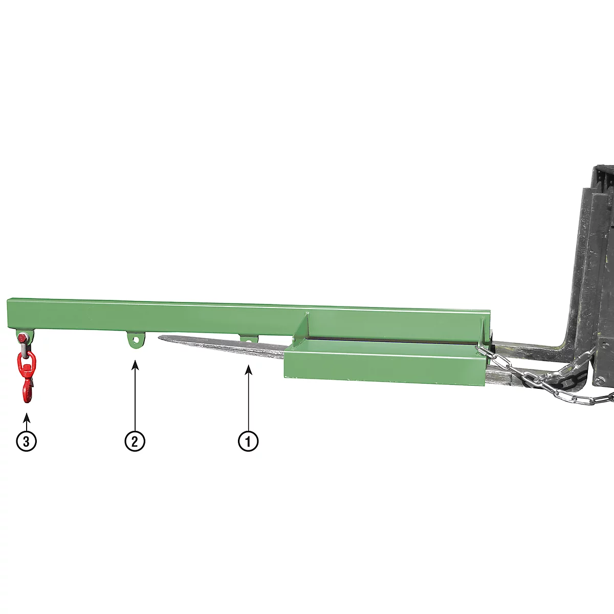 Green forklift arm with red hook and metal chain.