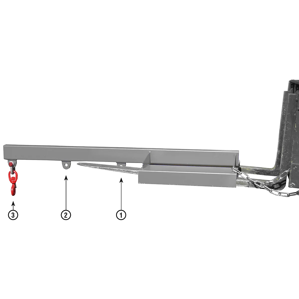 Gray lifting device with red hook. Elements 1, 2 and 3 are marked in the image.