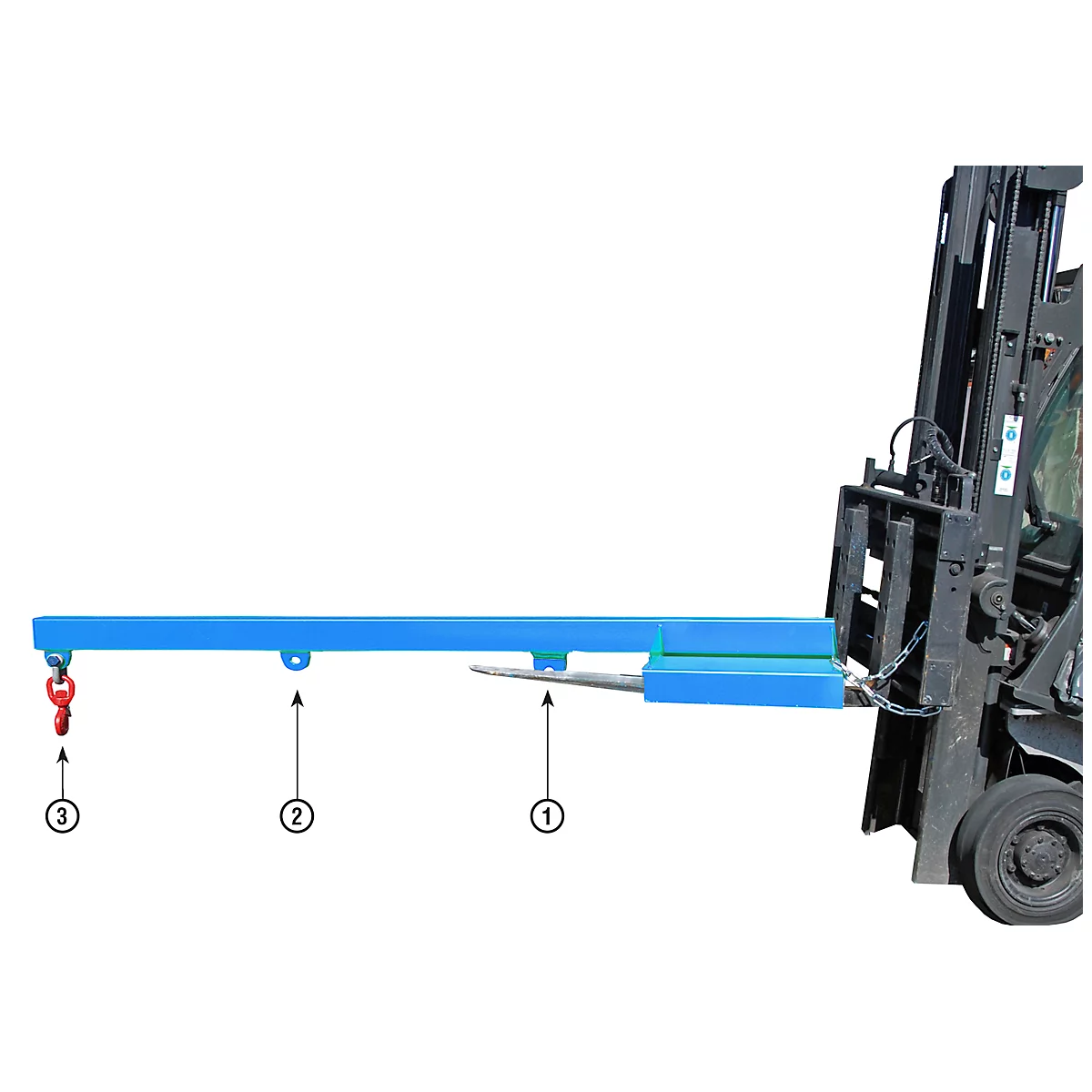 Blue forklift boom connected to a forklift. A red hook is hanging from it.