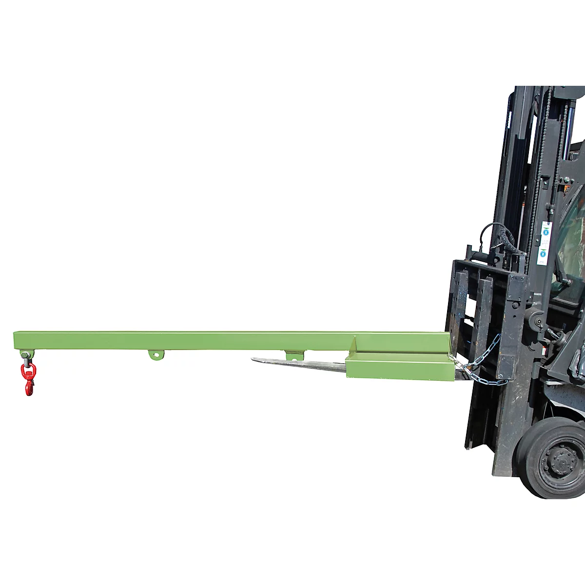 Green forklift attachment with red hook on a forklift, ready for lifting. On a white background.