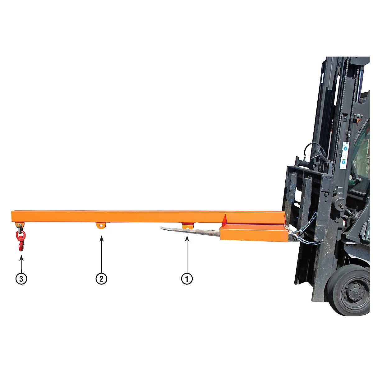 Orange forklift attachment with hook, mounted on a forklift.