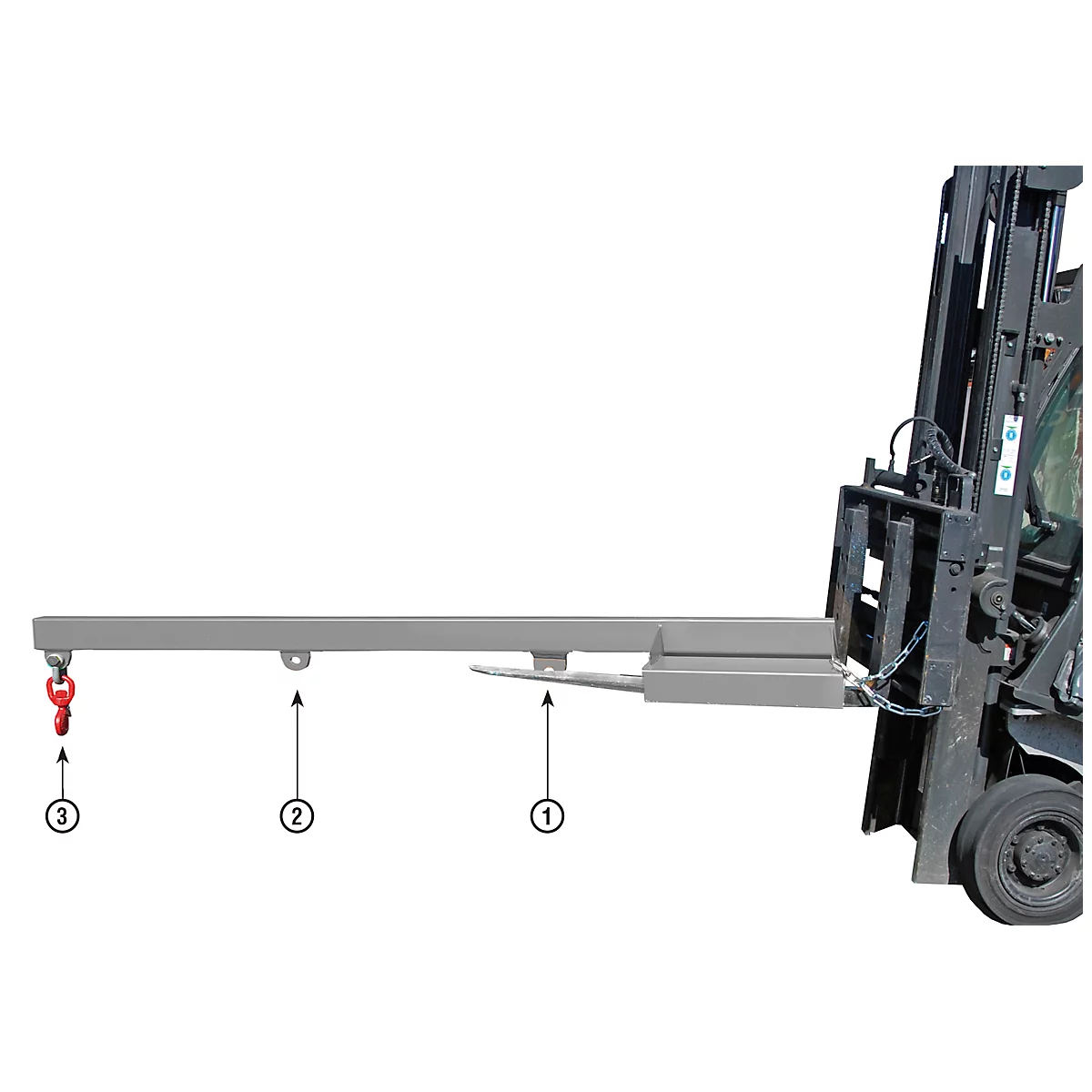 Forklift with a crane jib attached, a hook attached to the crane.
