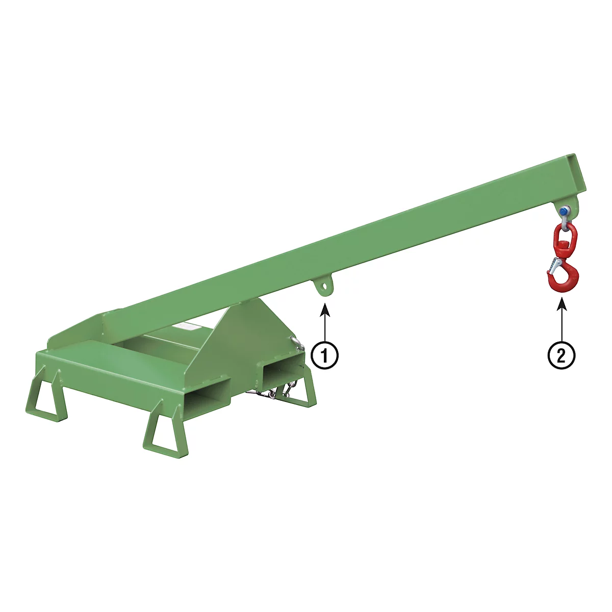Green lifting device with red hook to lift objects.