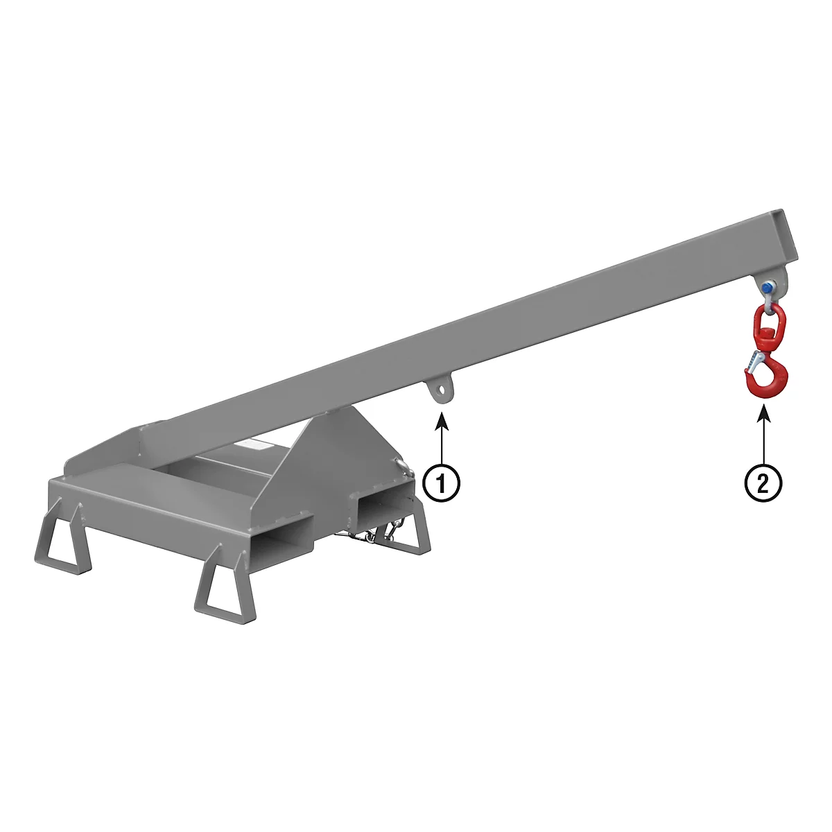 Grey lifting device with red hook, front view.