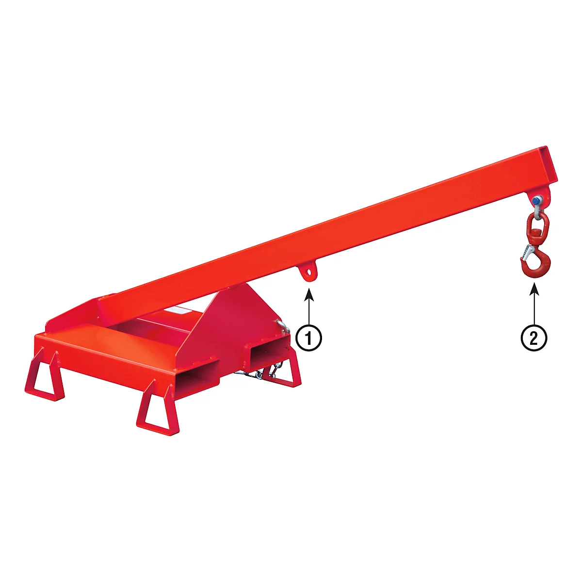Red lifting device with a rectangular base, diagonal arm and hook.