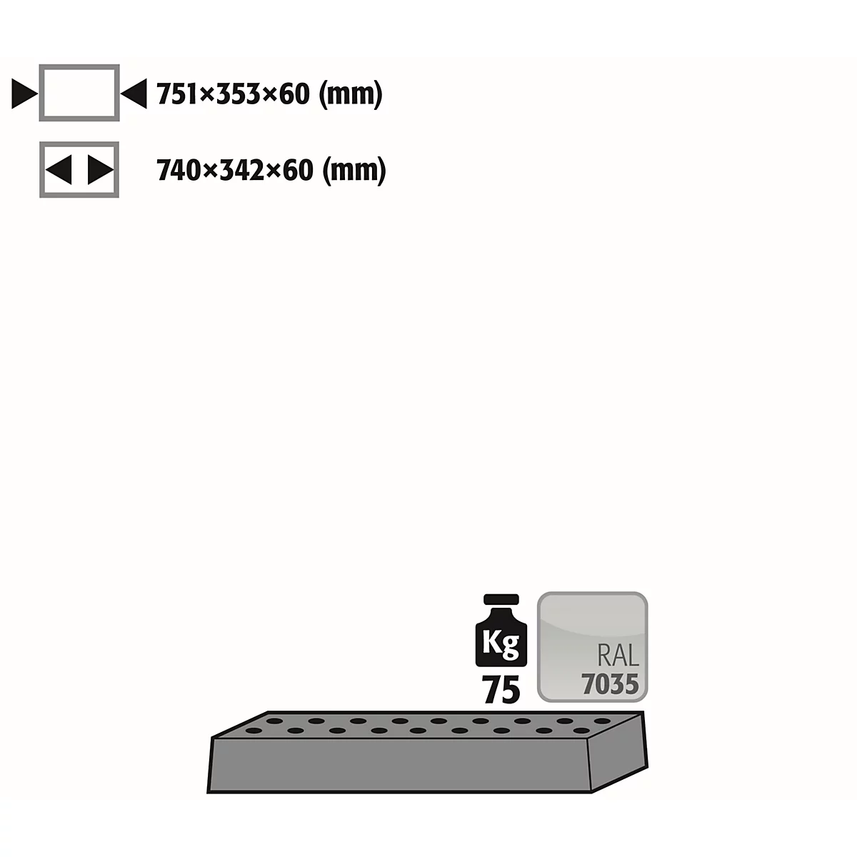 Lochblecheinsatz Standard für asecos Sicherheitsschränke der K90 und UB90 Serie, Stahlblech, lichtgrau, B 751 x T 353 x H 60 mm, bis 75 kg