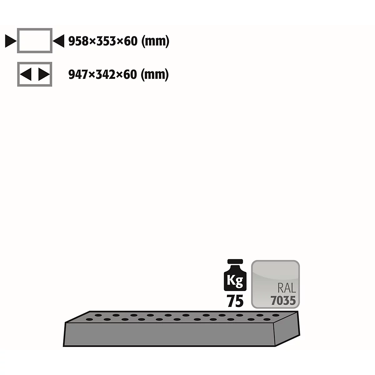 Lochblecheinsatz Standard für asecos Sicherheitsschränke der UB90 Serie, Stahlblech, lichtgrau, B 950 x T 345 x H 66 mm, bis 75 kg