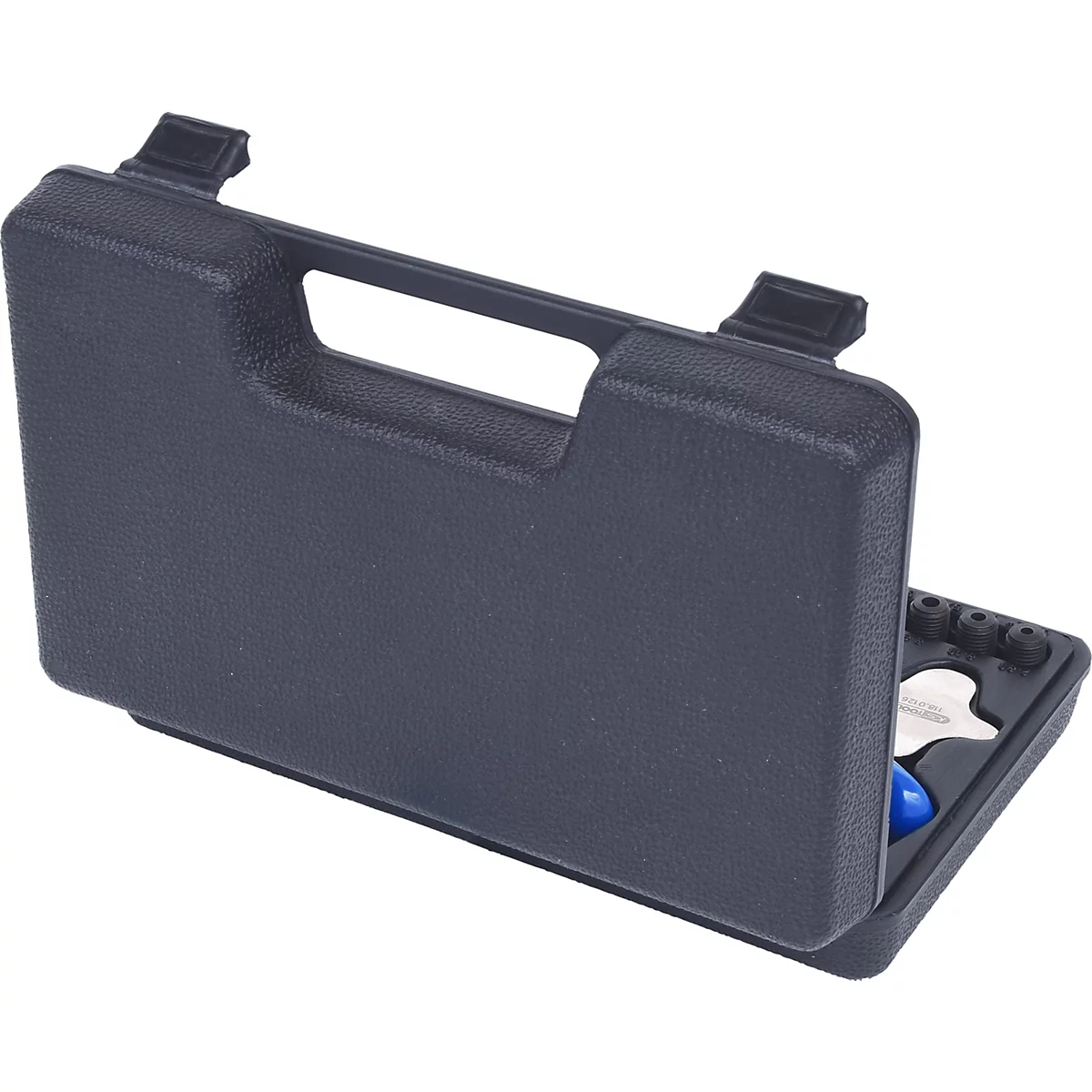 Geöffnete Werkzeugkiste in Schwarz, mit Werkzeug. 