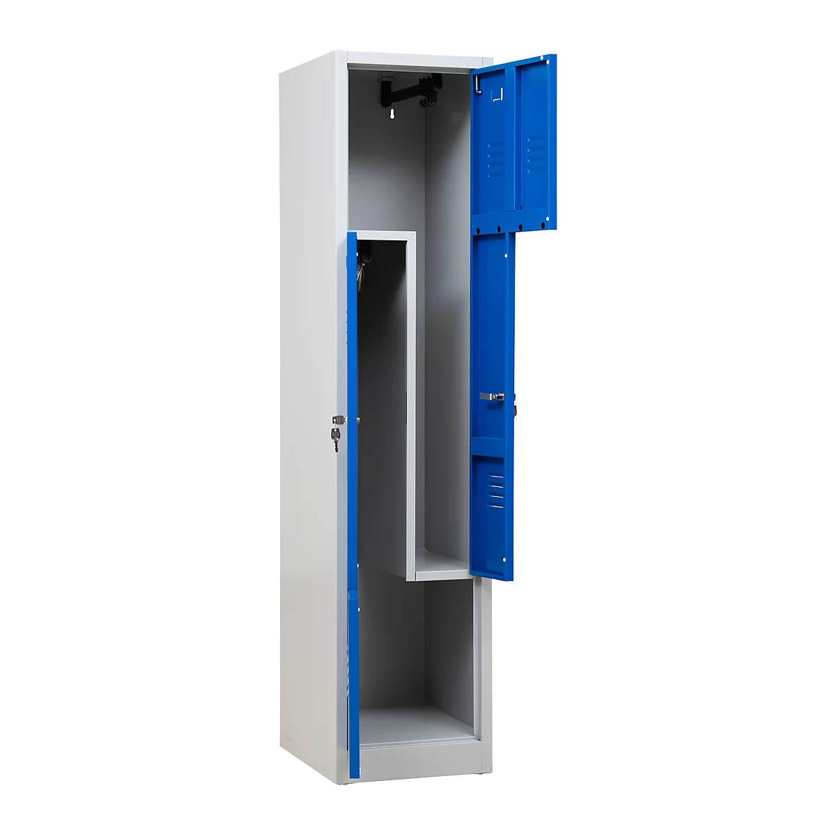 A two-tone locker with open, blue door.