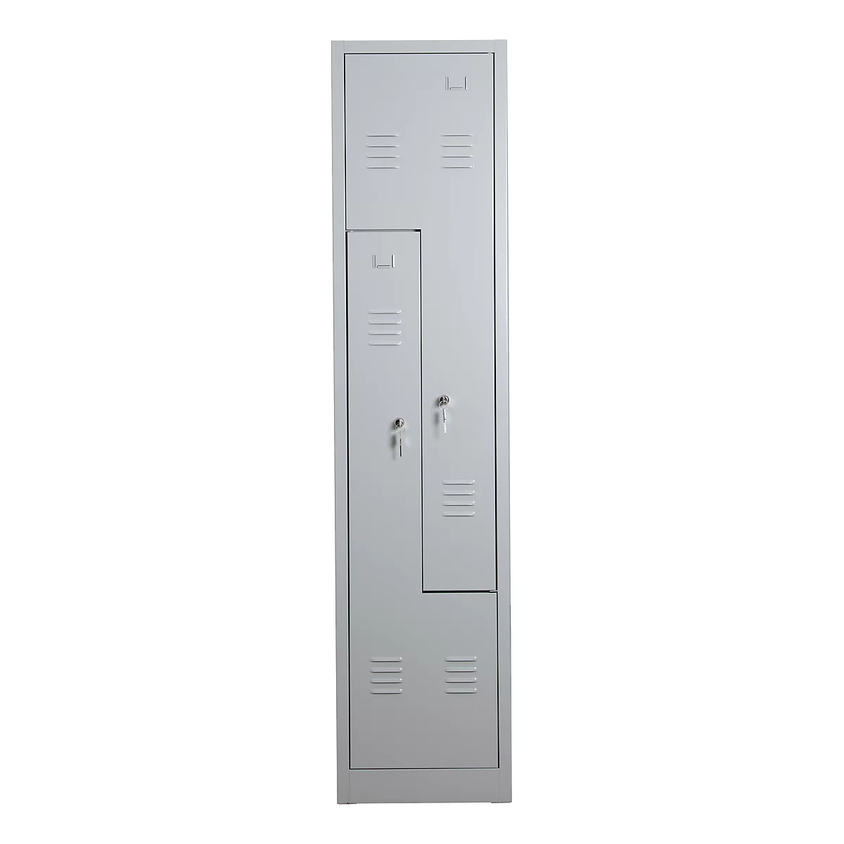 Grey locker with two doors, two keyholes, and ventilation slots.