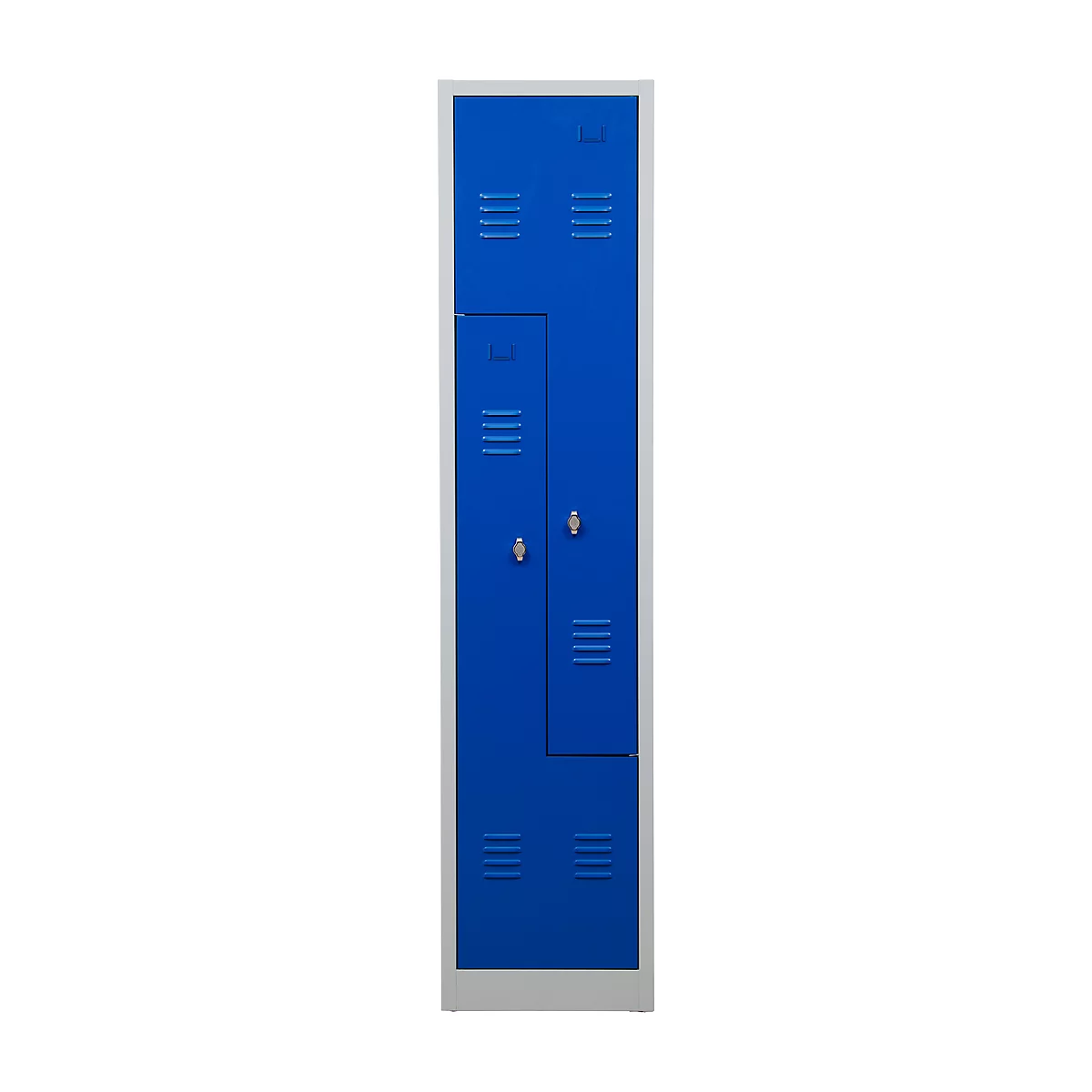 Blue locker with silver frame. Two doors, locks and ventilation slots.