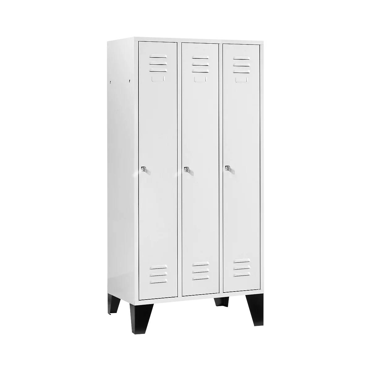 White locker with three doors, keyholes, ventilation slots and black feet.