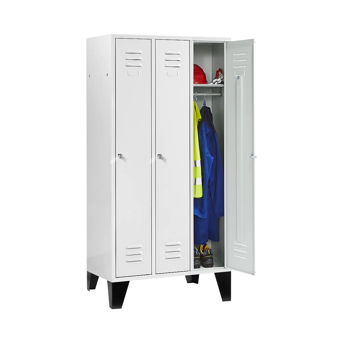 White cabinet with three doors. One door open, work clothes visible. Red helmet and safety shoes on top.