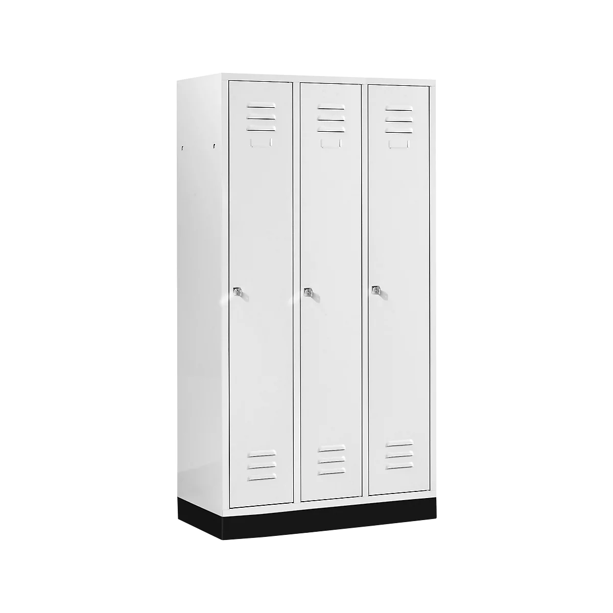 White locker with three doors and ventilation slots. The locker stands on a black base.