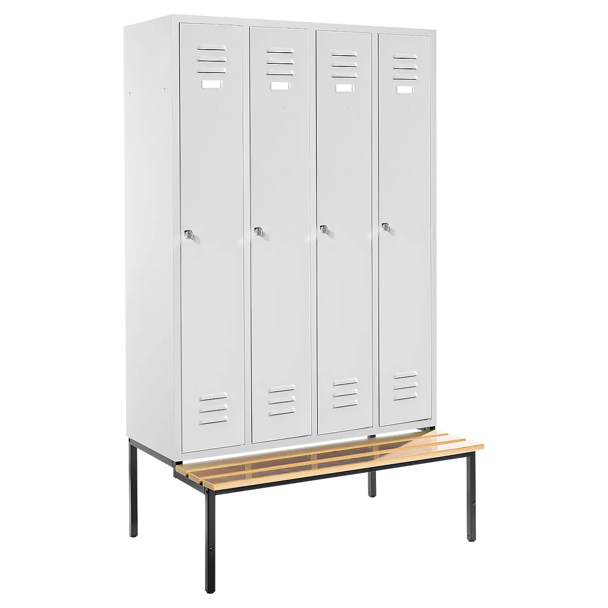Gray locker cabinets with four doors stand on a bench. The bench has a wooden surface and black legs.