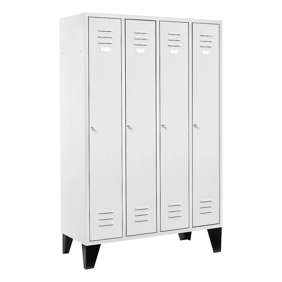 Locker, 4 compartments, legs, cylinder lock, 84 kg, luminous grey