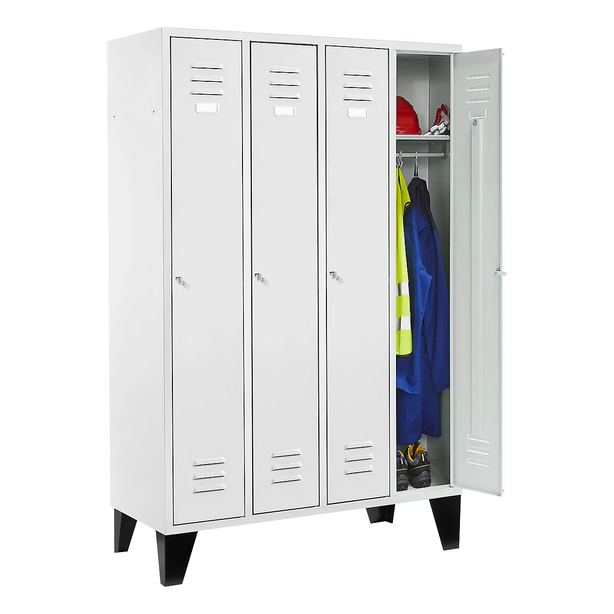 White locker with three doors, one door open. Inside the locker: clothes, helmets, and shoes. Black feet.