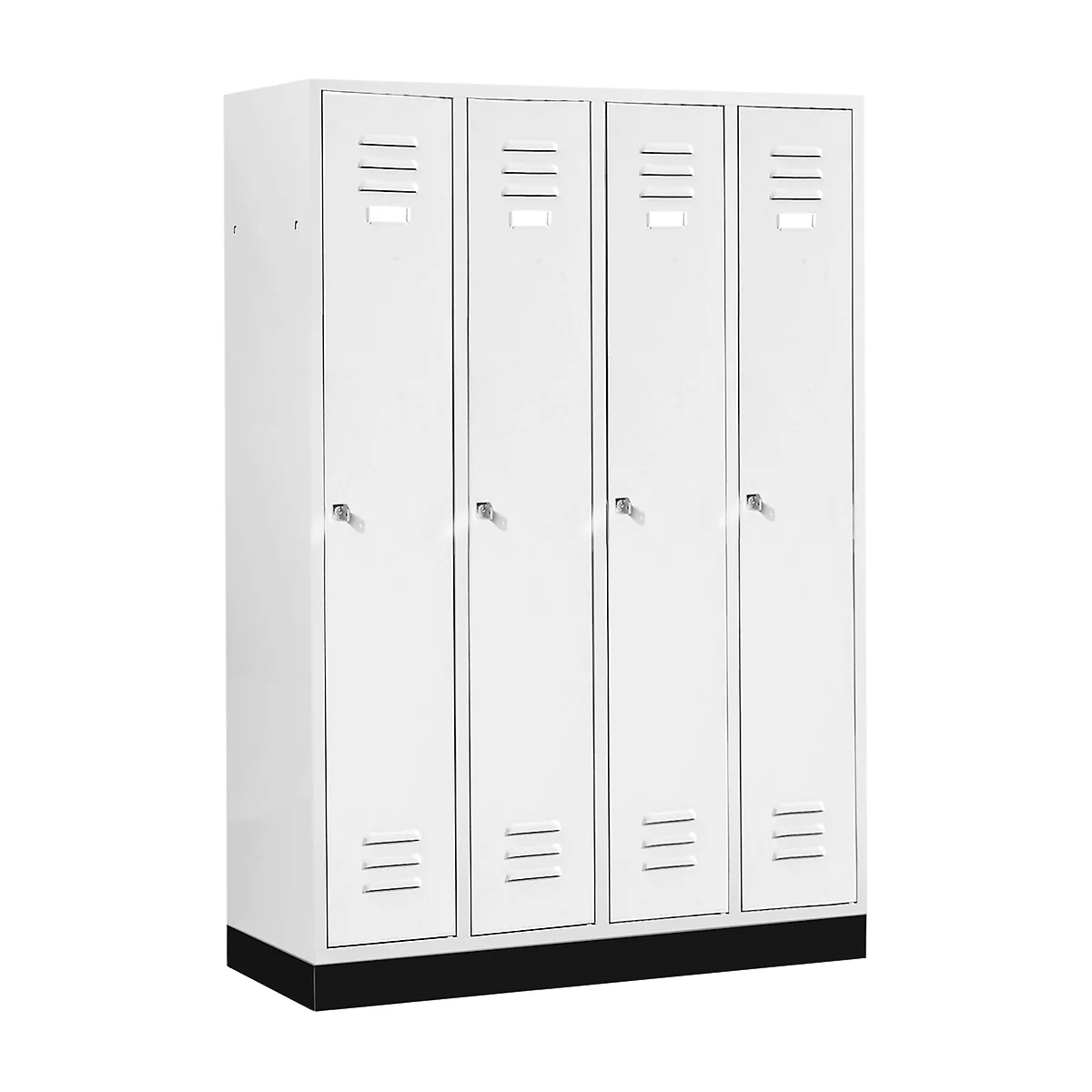 White locker with four doors, featuring ventilation slots and handles. Black base.