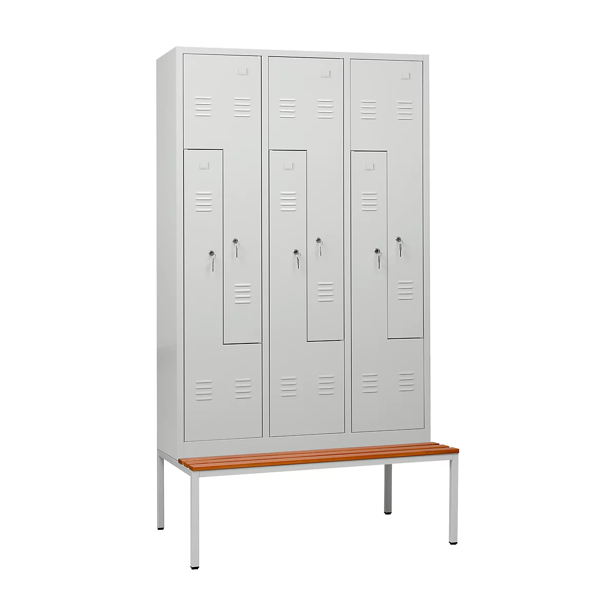 Locker, 6 compartimenten, 6 vakken, Z-deuren, met zitbank, cilinderslot, lichtgrijs