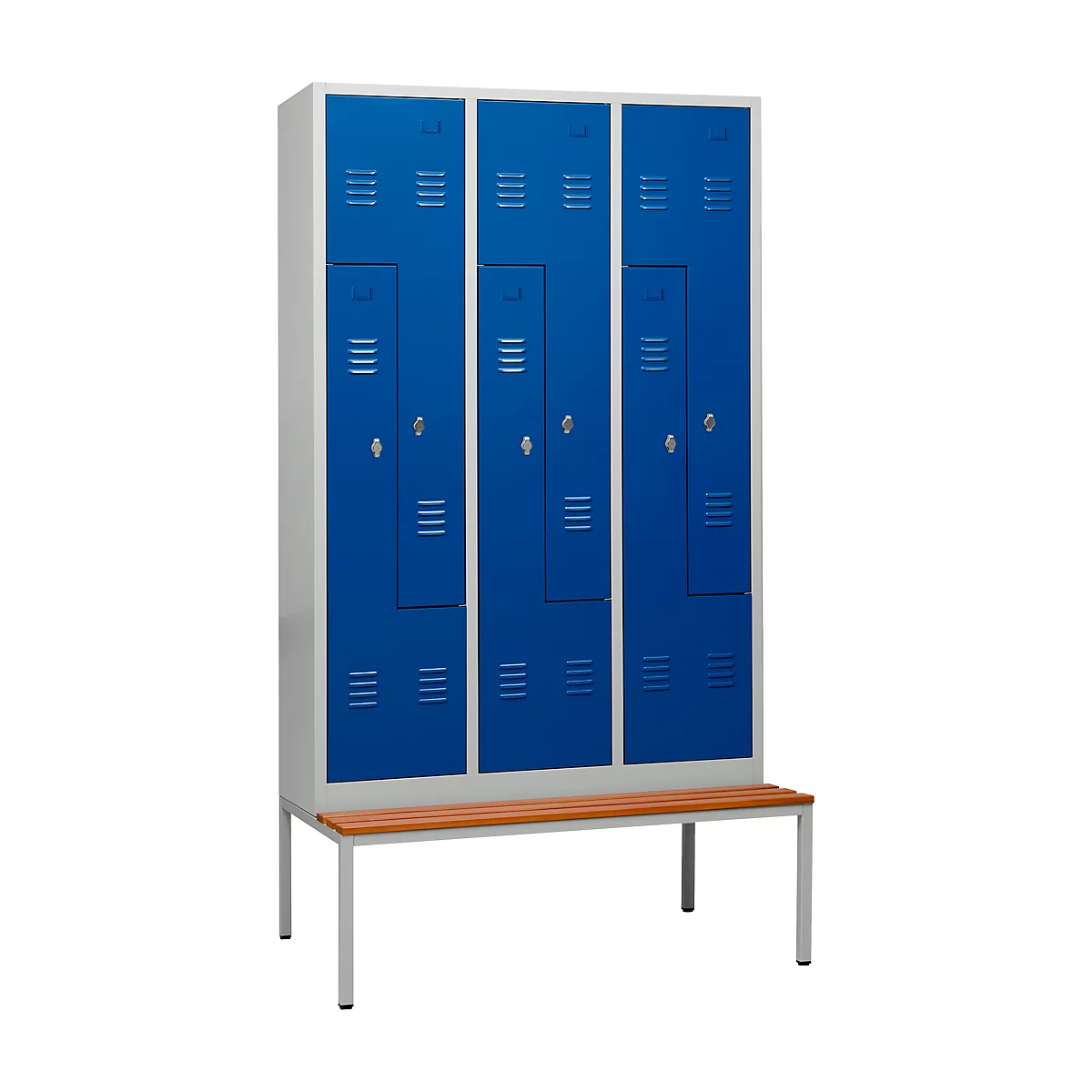 Locker, 6 compartimenten, 6 vakken, Z-deuren, met zitbank, draaivergrendeling, lichtgrijs/gentiaanblauw