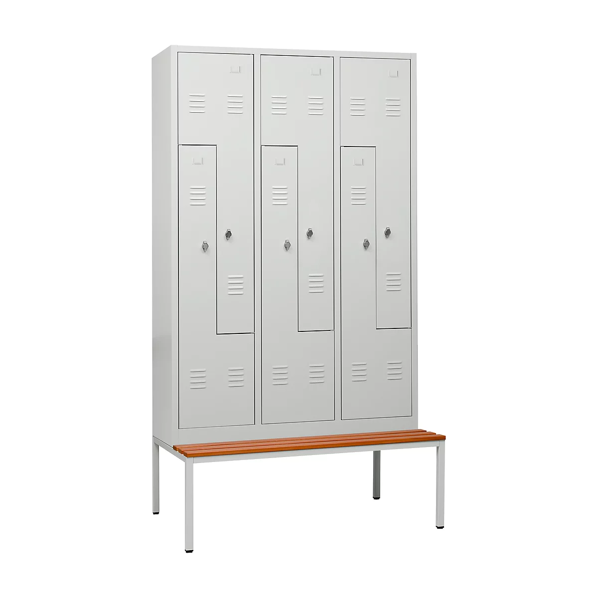 Locker, 6 compartimenten, 6 vakken, Z-deuren, met zitbank, draaivergrendeling, lichtgrijs