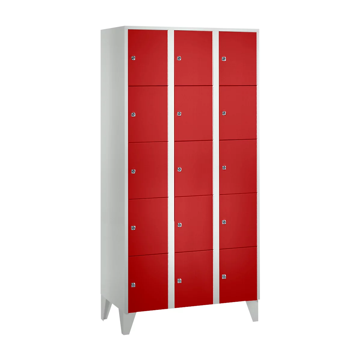 Red locker with white accents and silver handles. Nine compartments. On white legs.