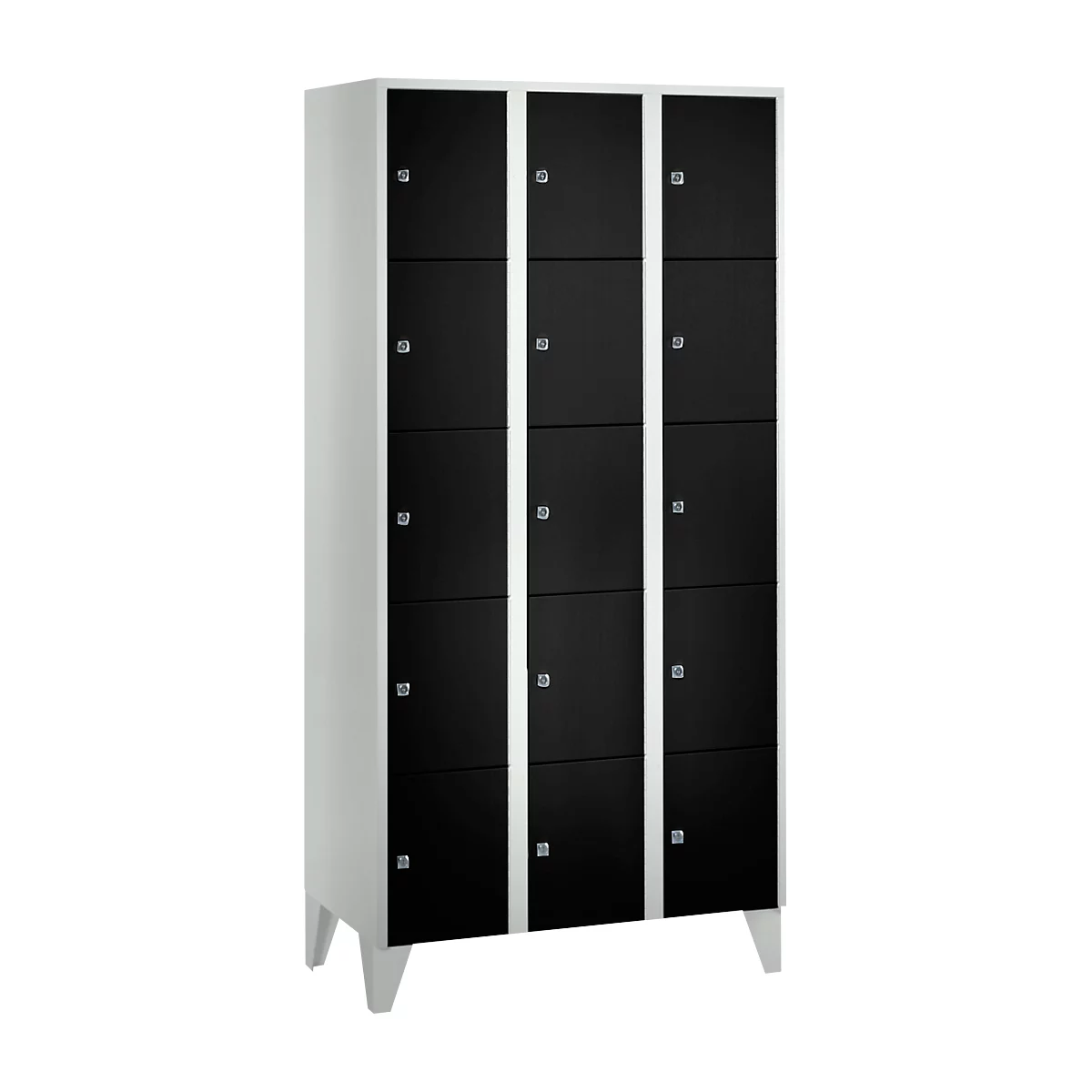 Cabinet with nine black doors, white frames, standing on four white feet. Shiny door handles.