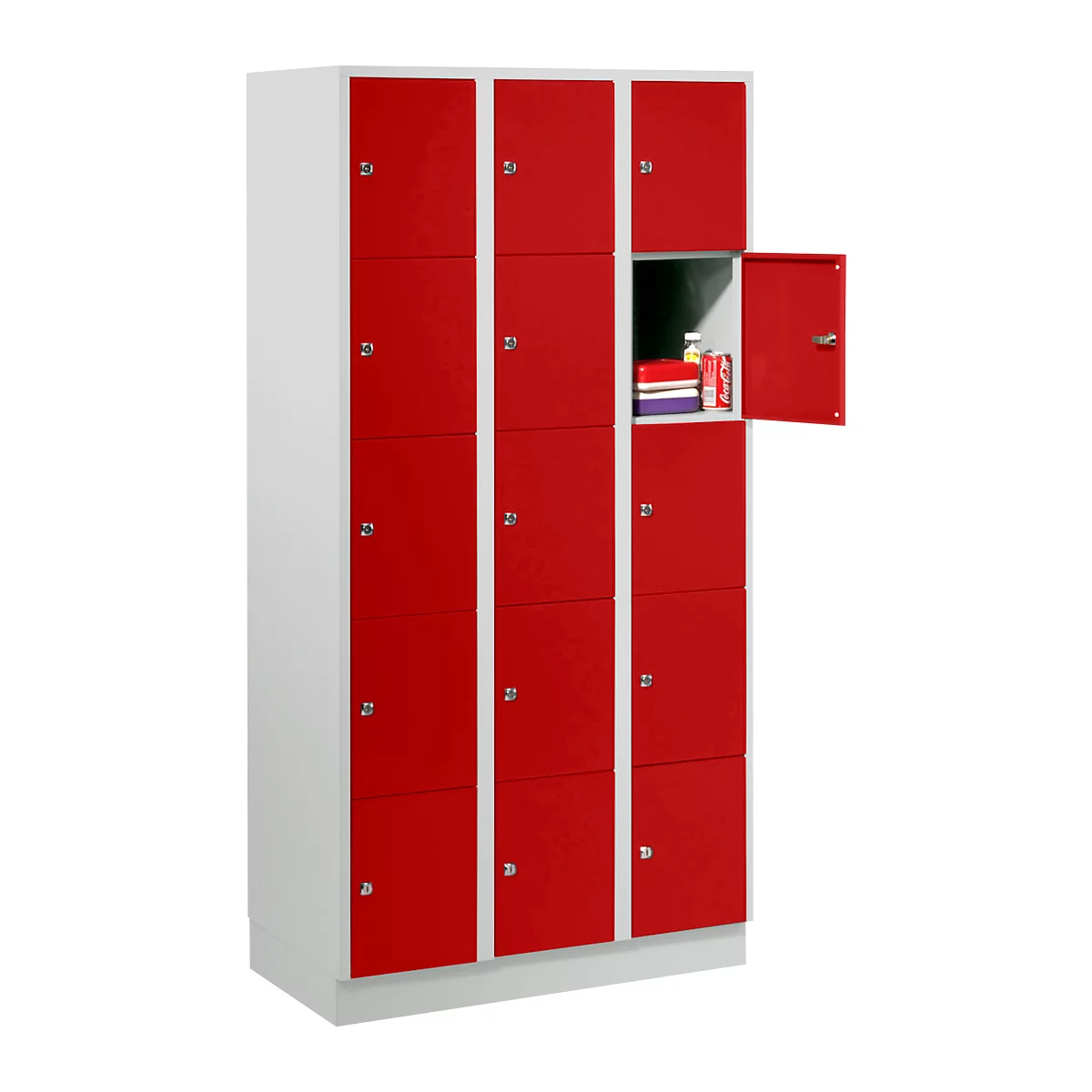 Red locker with 12 compartments, one compartment open. Storage of books and snacks.