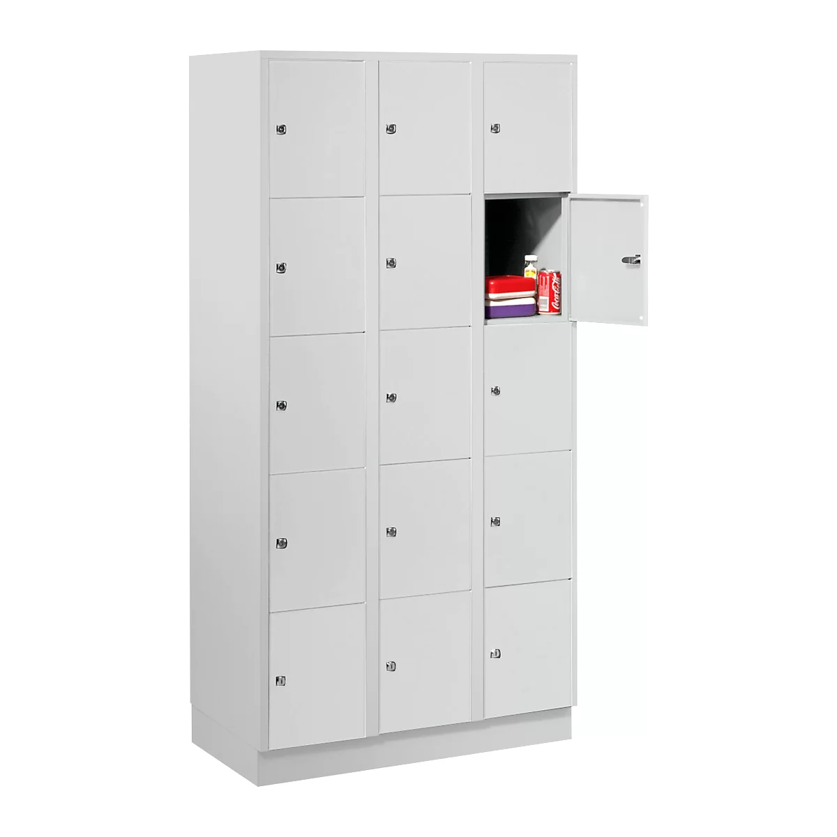 A grey locker with an open door filled with books and drinks.
