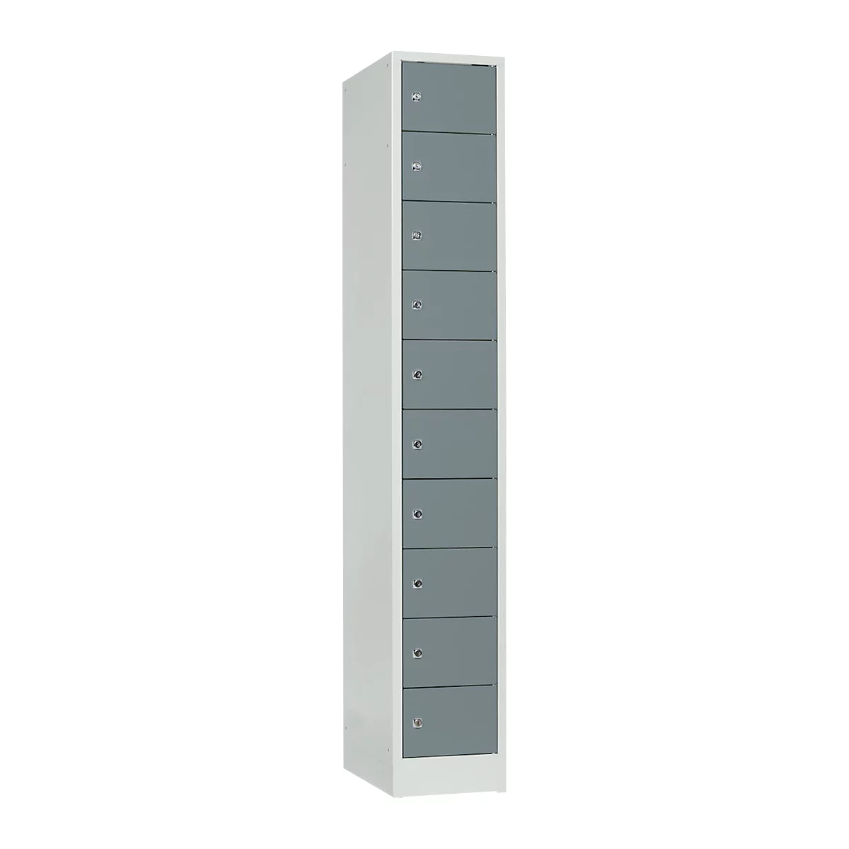 Tall, narrow locker cabinet. Grey doors with knobs, white frame.